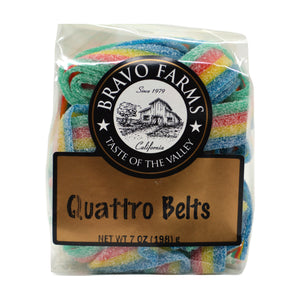 Rainbow sour Quattro belts in a 7 oz Bravo Farms bag