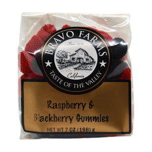 Raspberry and blackberry gummies in a 7 oz Bravo Farms bag