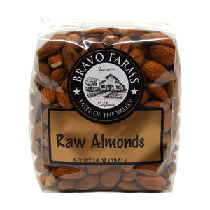 Raw whole almonds in a 14 oz Bravo Farms bag