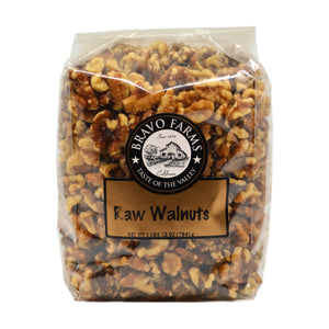 Raw walnut pieces in a 28 oz (1 lb 12 oz) Bravo Farms bag