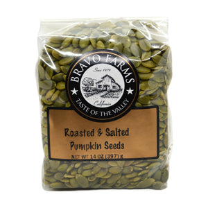Roasted and salted pumpkin seeds in a 14 oz Bravo Farms bag