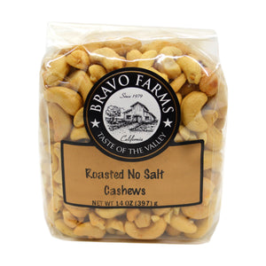 Roasted unsalted cashews in a 14 oz Bravo Farms bag