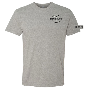 Grey t-shirt, front, with a small Bravo Farms logo