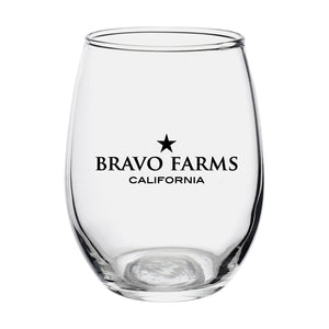 Stemless wine glass with the Bravo Farms California logo