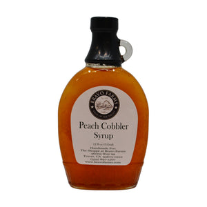 Peach Cobbler syrup in a 12 oz Bravo Farms bottle
