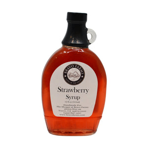Strawberry syrup in a 12 oz Bravo Farms bottle