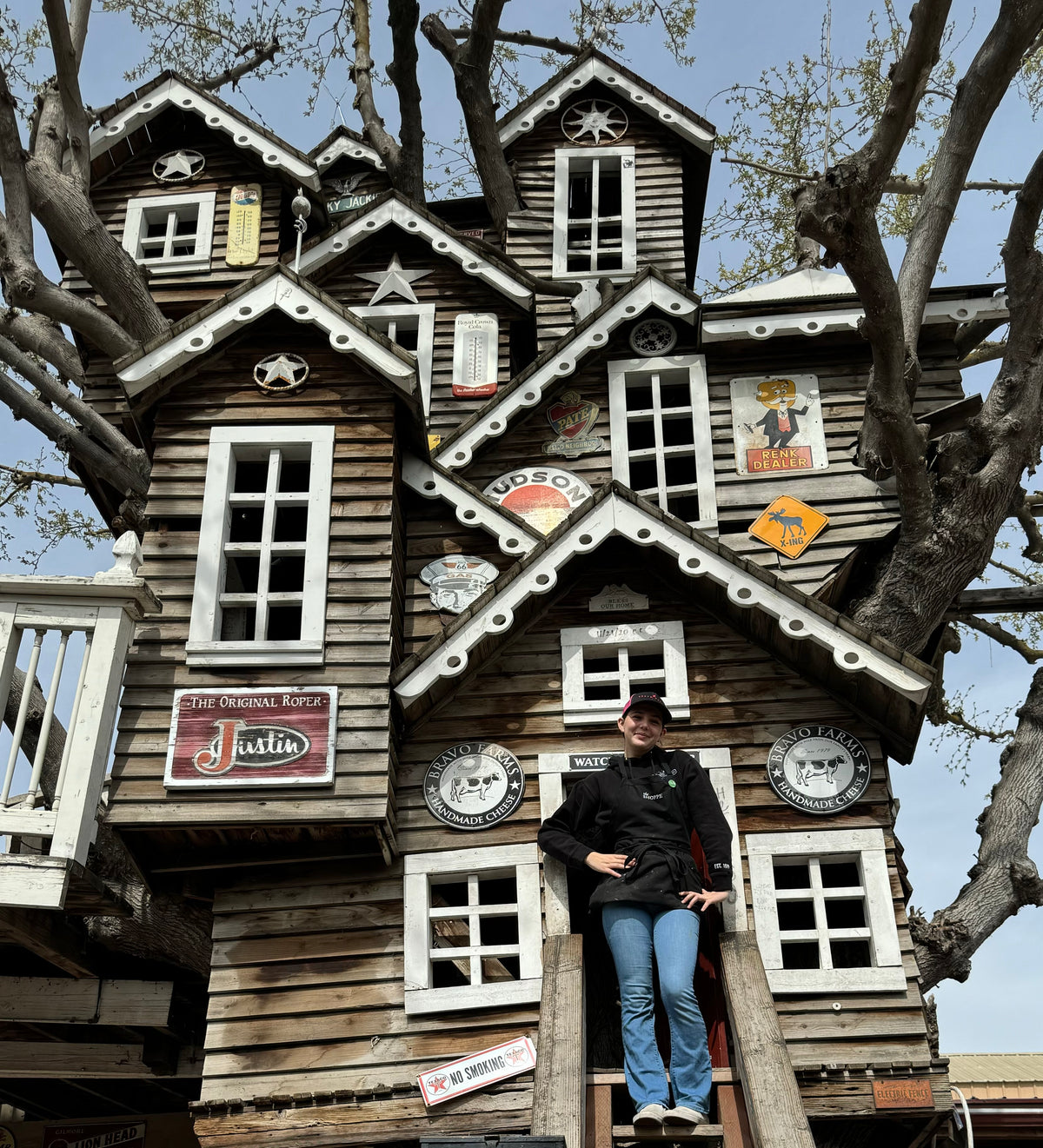 The treehouse at Bravo Farms in Traver: a tall wooden treehouse built into a tree, hung with old signs