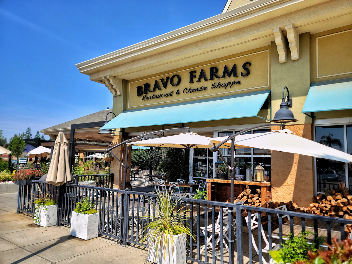 Bravo Farms Restaurant & Cheese Shoppe at the Tulare Outlets, with its shaded patio