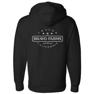 Black hoodie, back, with Traver, Bravo Farms, California lettering