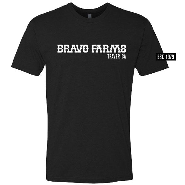 Black t-shirt, front, with Bravo Farms Traver, CA lettering