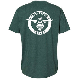 Green t-shirt, back, with the Bravo Farms Traver steer logo