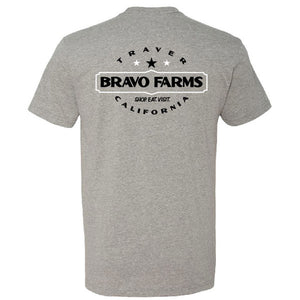 Grey t-shirt, back, with Traver, Bravo Farms, California lettering
